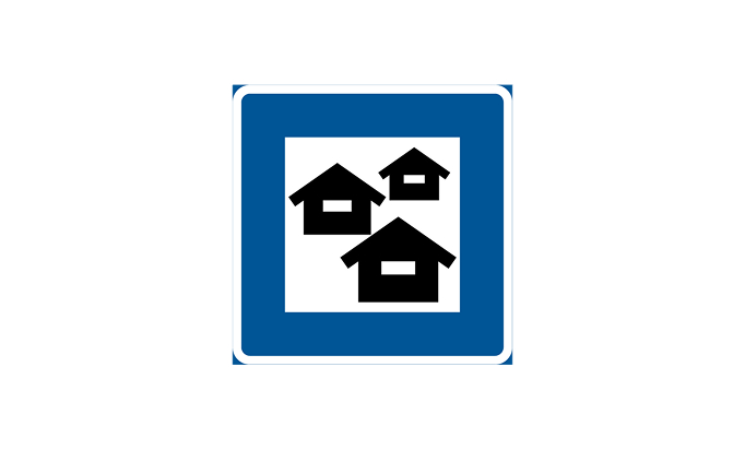 Stugby vägmärken | lokaliseringsmärken | h9 | stugby | öva körkortsteori online | körteori